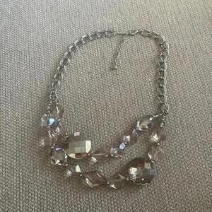 Silver Chain Link And Grey Translucent Chunky Beaded Statement Necklace